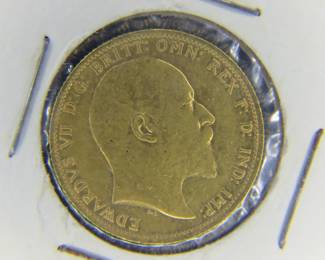 Lot 9. King Edward VII 1906 Gold Sovereign. Approx .2354 troy oz and 7.9g 22 carat gold.