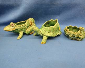 Lot 23. McCoy Frog and turtle pottery planters.
