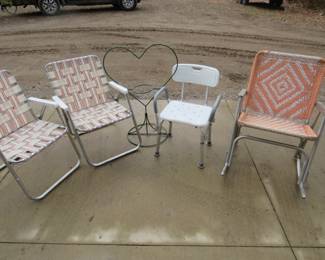 Lot 433. Three lawn chairs, a shower chair, and a plant hanger