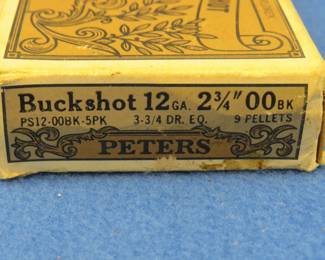 Lot 114. Five Peters 12-gauge 00 buckshot rounds and 50 9mm Luger brass casings