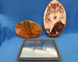 Lot 333. Two wooden plaques and a wolf print