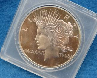 Lot 93. Peace dollar silver coin.&nbsp; One troy ounce of .999 silver.