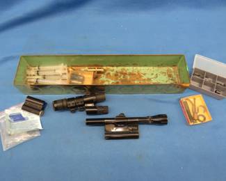 Lot 86. Rifle scopes, barrel clamp, oilers, and more