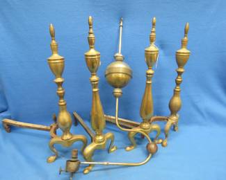 Lot 463. Brass Fireplace Andirons and an Antique Gas Lamp