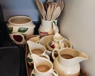 Vintage white pottery cookie jar and pitchers