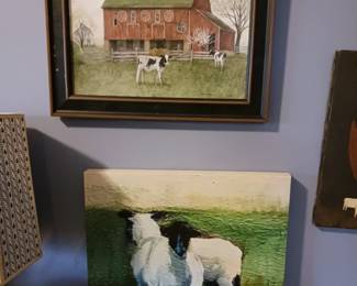Farmhouse painting with a cow. Farm painting with goats