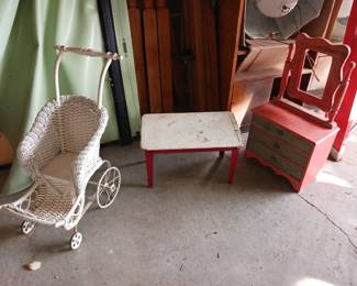 Doll stroller wicker. Miniature child's dresser with mirror and dining table