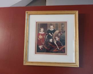 Primitive picture of children and rocking horse framed