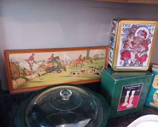Primitive art hunting scene framed. Christmas themed candlesticks