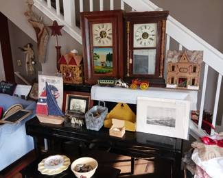 Antique regulator clocks. Reproduction cast iron toys