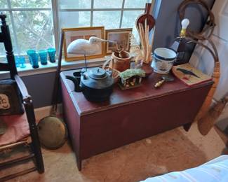 Primitive trunk chest. Carved seagull lamps