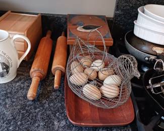 Antique wood rolling pins. Vintage hen egg basket