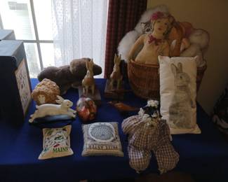 Antique primitive small animal figurines and stuffed dolls