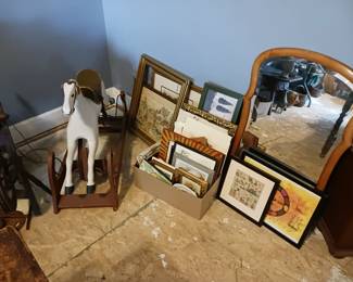 Antique primitive rocking horse. Framed beveled mirror