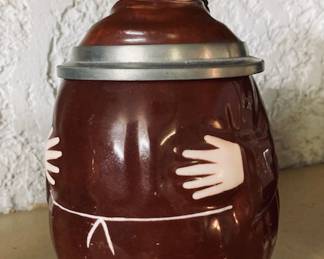 Antique Porcelain Figure Smiling Monk Beer Stein w/Pewter Trim.