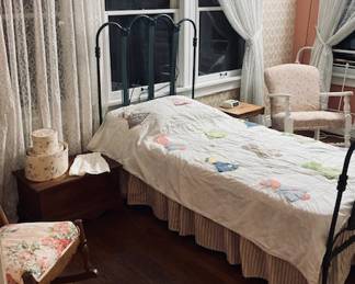 Vintage Twin Iron Bed. Head/Foot. Vintage Large White Rocker. Handmade Quilts and Linens.