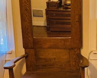 Antique Oak Hall Seat/Tree, Mirror.
