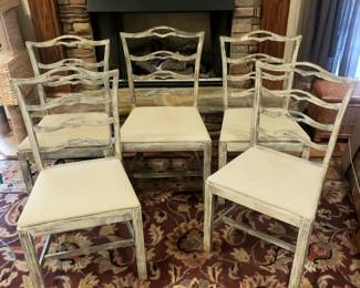 5 chairs, gray wood with cream colored seats 