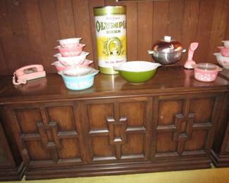 Vintage console with speakers, Pyrex collection, Olympia beer, vintage 1960's rotary phones
