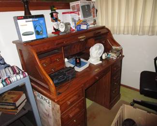 Oak desk, office supplies and misc