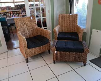NICE REED CHAIRS -PLUS TWO OTTOMANS AND TALL TABLE (NOT SHOWN)