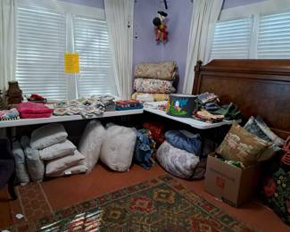 LINENS - BED AND DECOR PILLOWS, COMFORTERS, QUILTS, QUEEN HEADBOARD, SMALL LAMP SHADES, MARIONETTE PUPPET