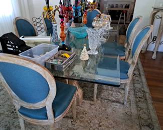 LOVELY GLASS TOP DINING TABLE ON STONE BASES,  6 UPHOLSTERED CHAIRS, ALL EXCELLENT CONDITION 