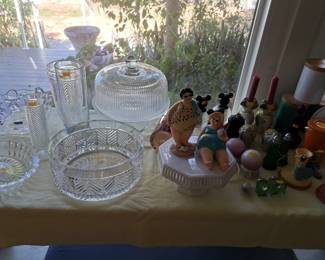RALPH LAUREN GLASS, CUP CAKE STAND,  SALT AND PEPPERS, WELL ENDOWED LADY FIGURINES