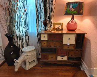 MANY DIFFERENT DRAWERS CHEST, WICKER TABLE, TALL VASE, ROSEVILLE 