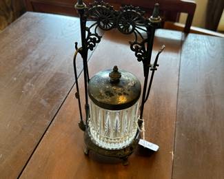 Vintage glass pickle jar with metal handle