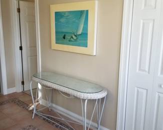 Glass top wicker foyer table
