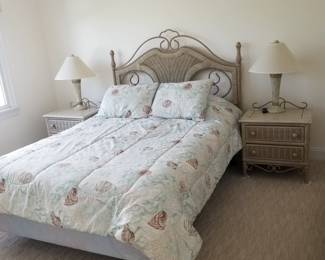 Pretty wicker bedroom suite: queen bed, two nightstands, dresser with mirror