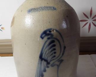 White's Utica Jug With Cobalt Blue Parrot