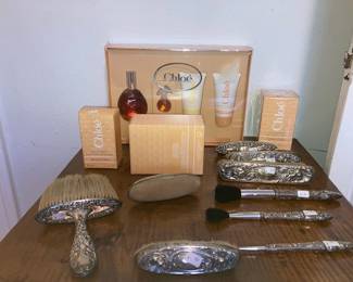 antique sterling brushes and cosmetics