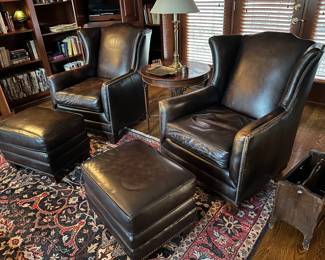 Pair of King Hickory leather Athenas chairs and ottomans