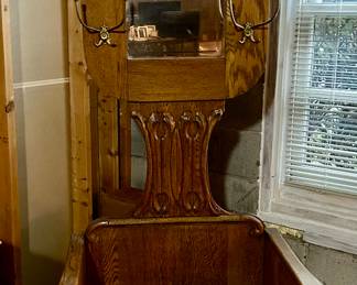 oak hall tree with storage bench and mirror