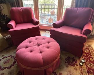 pair of armchairs and tufted ottoman