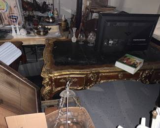 Rare Louis XIV writing desks with gold leafing, misc art and lighting fixtures.