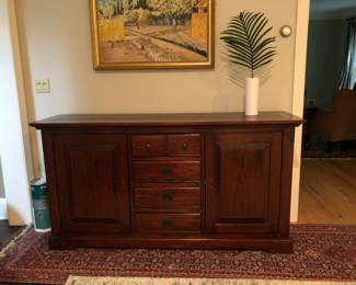 Wood console table in excellent condition.  Access in back of unit for tv boxes, etc.  Just under 67" wide.  antqiue runner rug beneath consold also available for purchase.