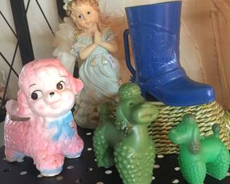 A cool plastic cowboy boot, carnival-prize poodles and a baby planter are sure to stir memories. The newer resin angel seems to keep watch over the vintage menagerie. 