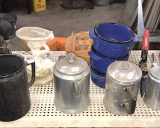 A briquette starter, percolators in graduated sizes and soup mugs could serve as a camping starter kit. 