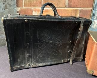 Original antique Victorian black leather tooled suitcase