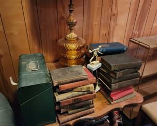 Ball and Claw table, Antique Books, Vintage Lamp, Vintage Metal Toolbox
