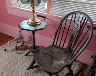 -Touch Glass Lamp
-Lamp Table
-Antique Elm and Beech Wheel back Rocking Chair