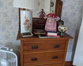 Oak Dresser, Vintage Doll, Lamp, misc items
