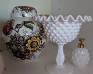 -Masons Frairswood Ginger Pot
-Hobnail Fenton Compote
-Vintage Perfume Bottle