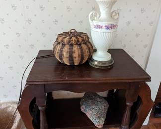 -Vintage Art Deco Double Sided Magazine Rack Table. $200 OBO
-Cherokee Medium Size Basket Quallah Honeysuckle White Oak Natural Dyes with Lid. $250 OBO
-Vintage Table Lamp. $65