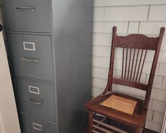 Filing Cabinet and Antique Victorian Wicker Seat Oak Armless Chair
