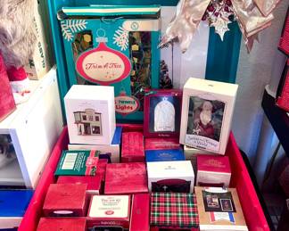 Various collectible Christmas ornaments