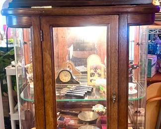 Cute wood display cabinet with light, mantel clock is separate